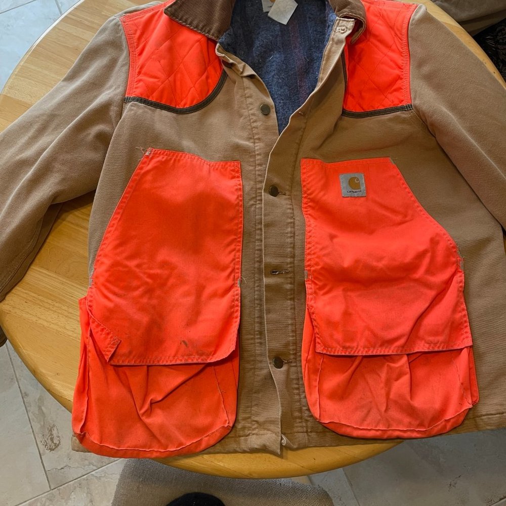 Carhartt cocoa brown canvas jacket with neon orange accents. RARE